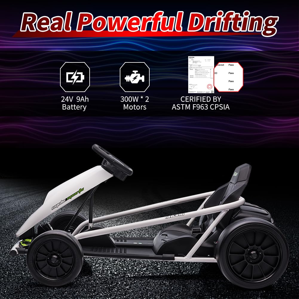 24V Go Kart for Kids 8-12 Years, 300W*2 Extra Powerful Motors, 9Ah Large Battery 8MPH High Speed Drifting with Music, Horn,Max L