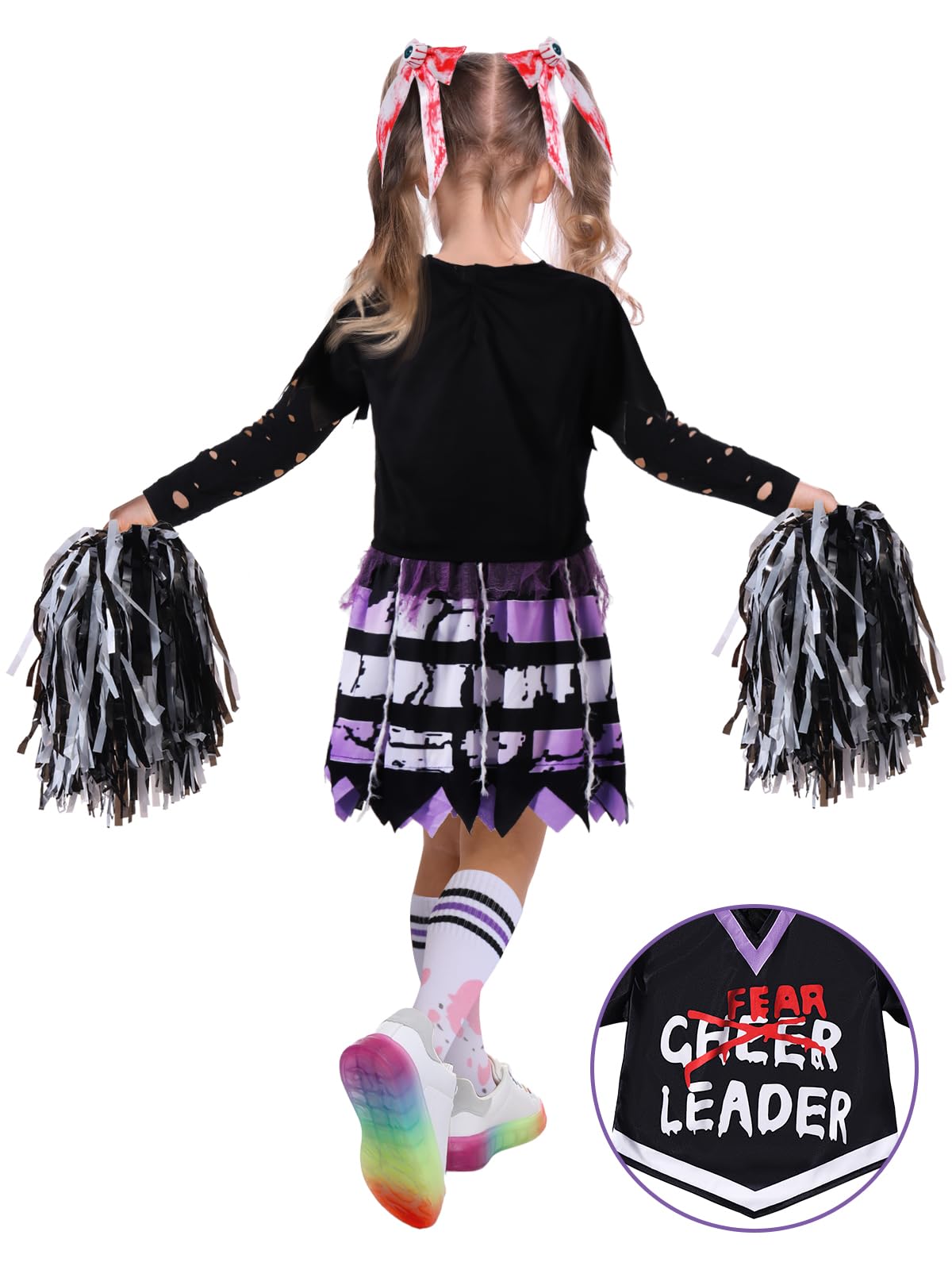Zombie Cheerleader Halloween Costume For Girls, Bloody Scary Dead Cheerleader Costumes For Make Up Party For Kids Age 8-10, Disf