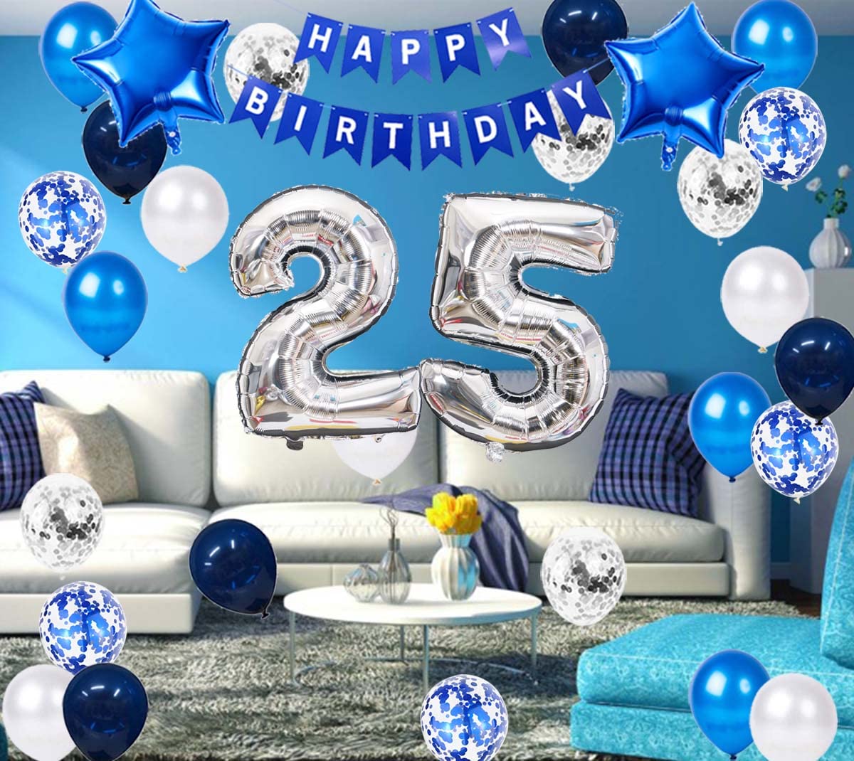 25Th Birthday Party Decoration Blue For Him, Happy Birthday Banner Blue Number 25 Birthday Star Foil Balloons Latex Confetti Bal