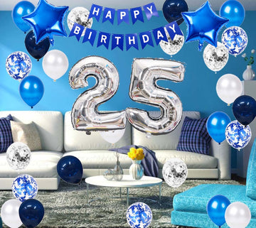 25Th Birthday Party Decoration Blue For Him, Happy Birthday Banner Blue Number 25 Birthday Star Foil Balloons Latex Confetti Bal