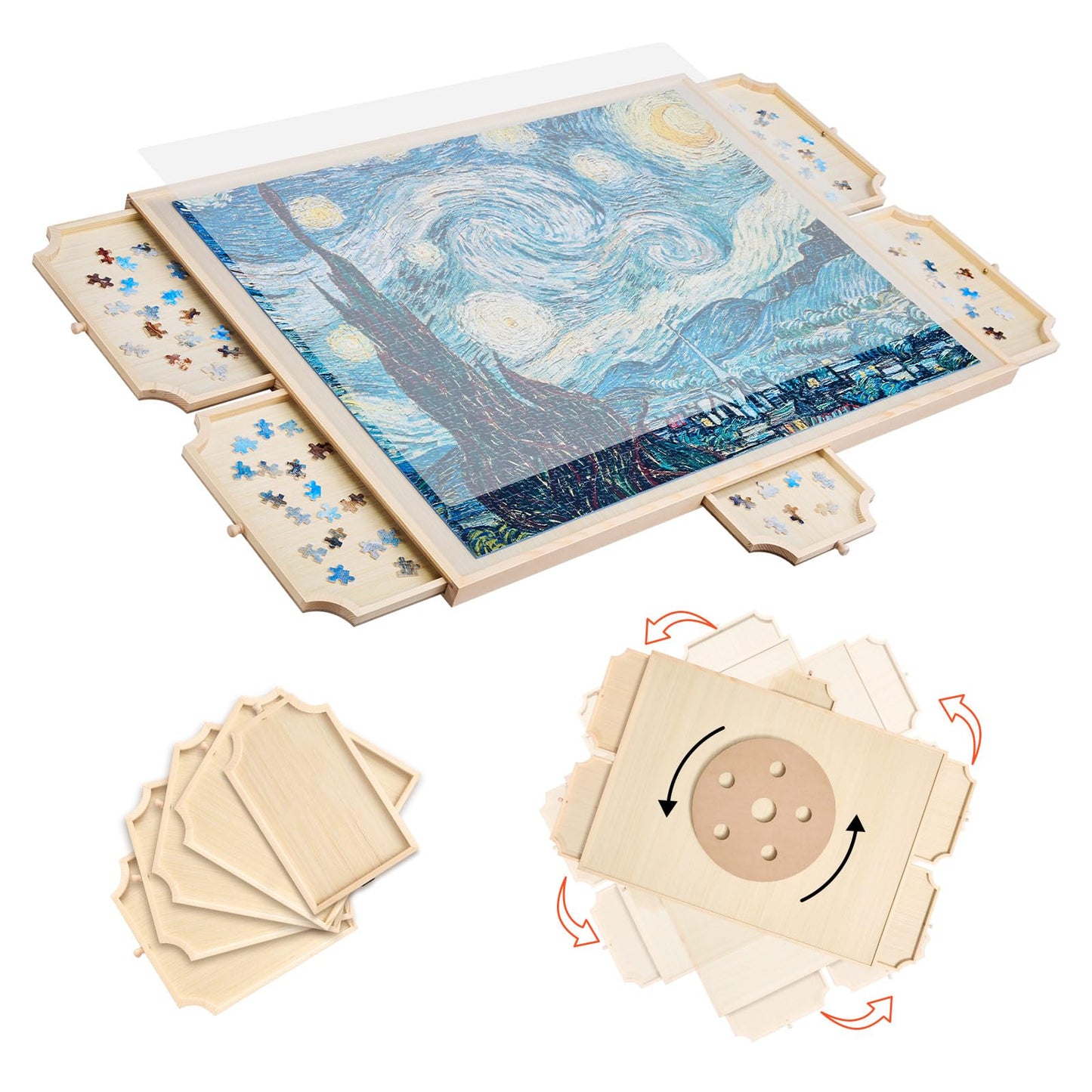 VEVOR 1500 Piece Rotating Puzzle Board with 5 Drawers and Cover, 34x25 inch in Portable Wooden Table, Jigsaw Puzzle Accessories 