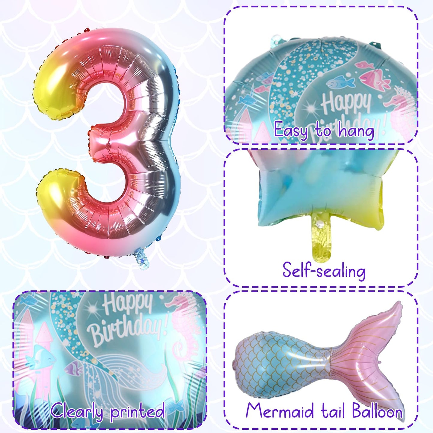 Mermaid 3Rd Birthday Decorations, 8Pcs Mermaid Birthday Decorations Balloons, 40 Inch Rainbow Number 3 Balloon, Large Helium Foil Mermaid Tail Balloon, Seashell Balloons For Mermaid Party Supplies