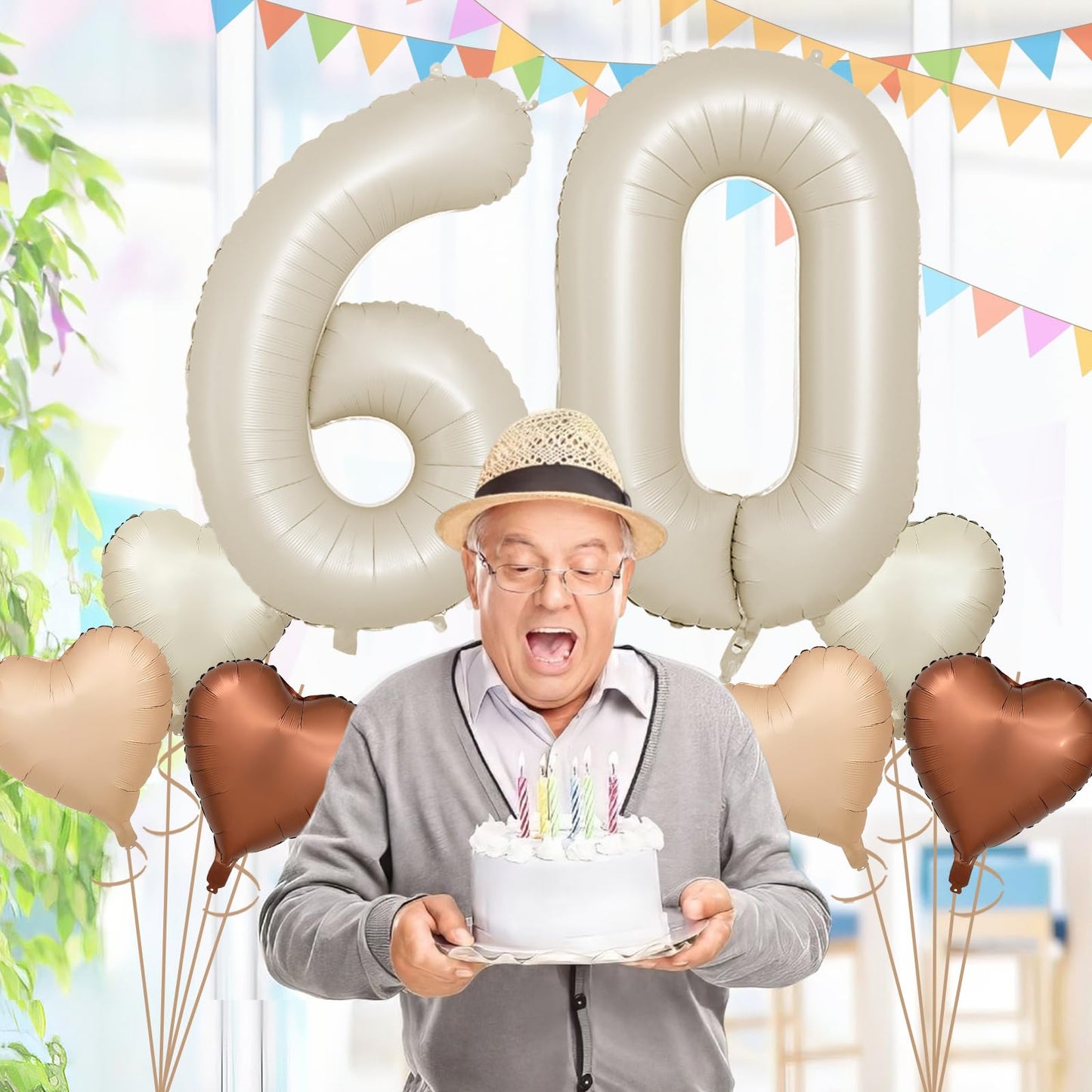Biapian 60 Inch Cream Number 50 Balloons, 8Pcs Giant Foil Number 6 & 0 Balloons With 18'' Cream White Heart Balloon For 60Th Yea
