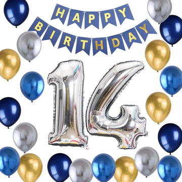 14Th Birthday Party Decoration For Boys, Birthday Banner Blue Number 14 Birthday Balloons Metallic Silver Blue Gold Latex Balloo