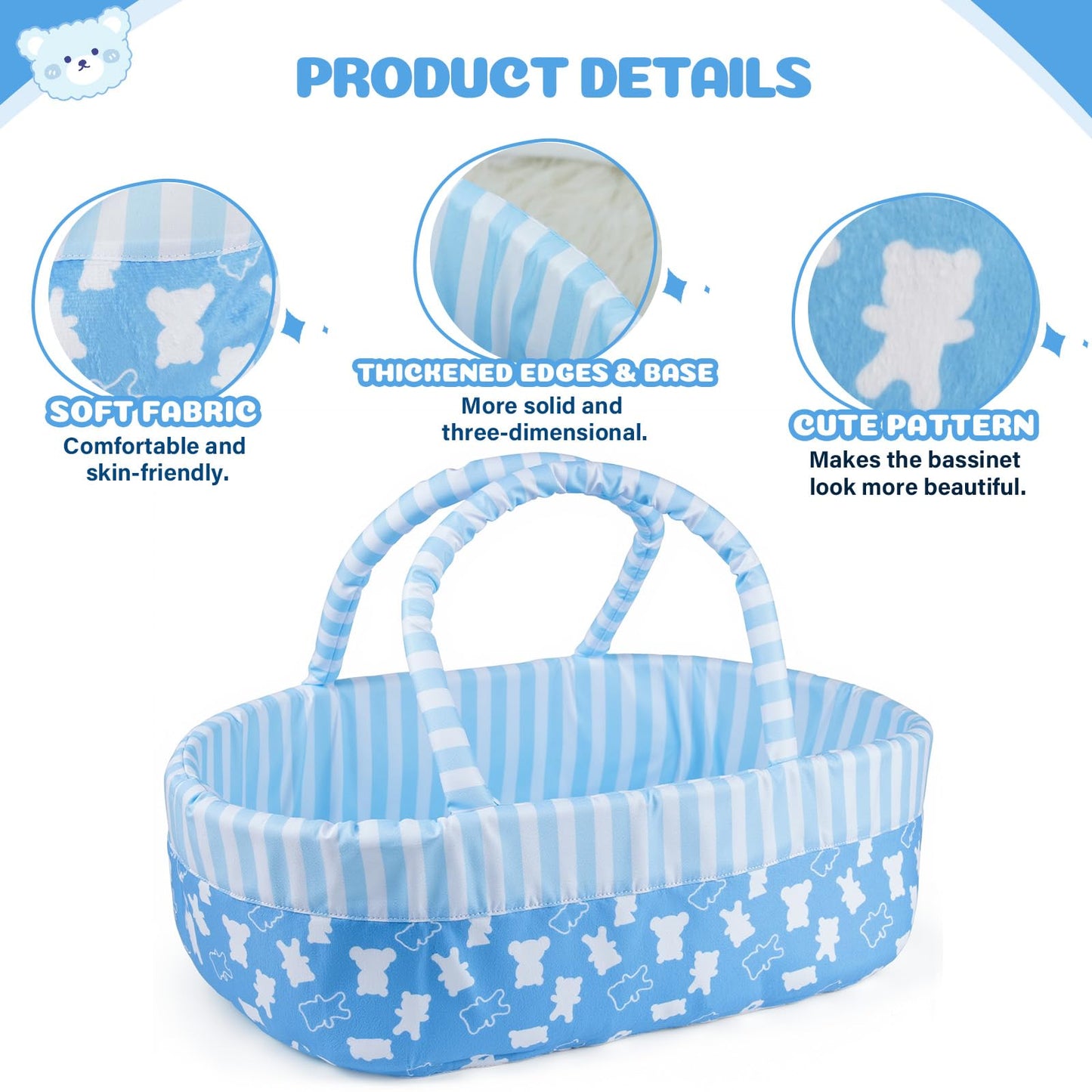 Babeside Reborn Baby Doll Bassinet For 17-22 Inch Dolls, Cute Bear Patterns Baby Doll Accessories Soft Foldable Babydoll Crib Be