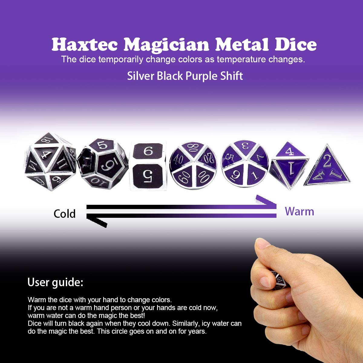 Haxtec Color Changing ByTemperature Metal DND Dice Set Polyhedral D&D Dice for RPG Dungeons and Dragons-Silver Black Purple Shif