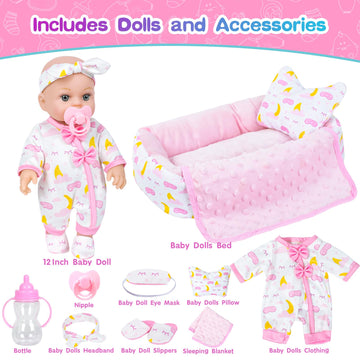 12 Inch Baby Doll Crib Playset with Dolls Clothes and Accessories Including Soft Sleep Bassinet Bed  Bottles  Nipple  Eye Mask  Slippers  Blanket  Pillow  Gift Idea for Ages 3+