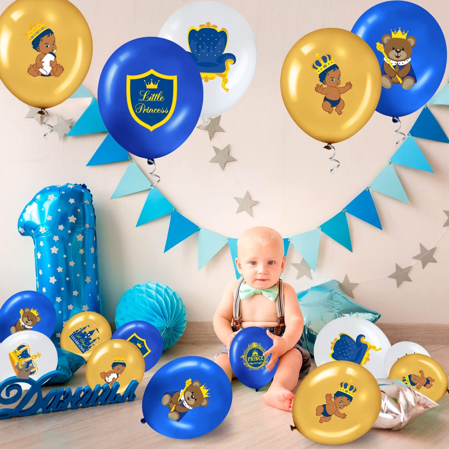45 Pcs Royal Prince Balloons Blue and Gold Castle Crown Latex Balloon 12 Inches Prince Birthday Party Balloons Royal Blue Gold W