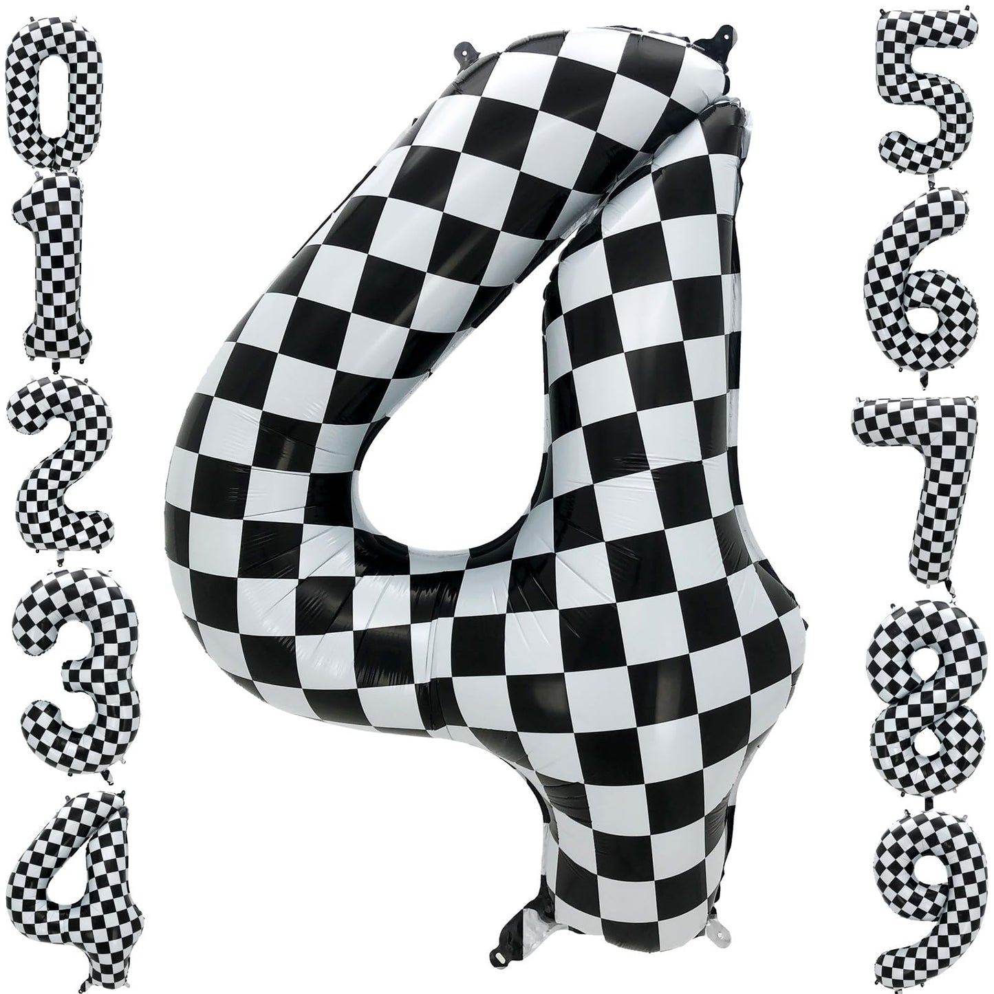 Eoopoon 42 Inch Checkered Number Balloon 4, 4th Race Car Flag Birthday Party Supplies for Boys Girls, Large Black and White Numb