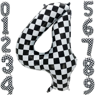 Eoopoon 42 Inch Checkered Number Balloon 4, 4th Race Car Flag Birthday Party Supplies for Boys Girls, Large Black and White Numb