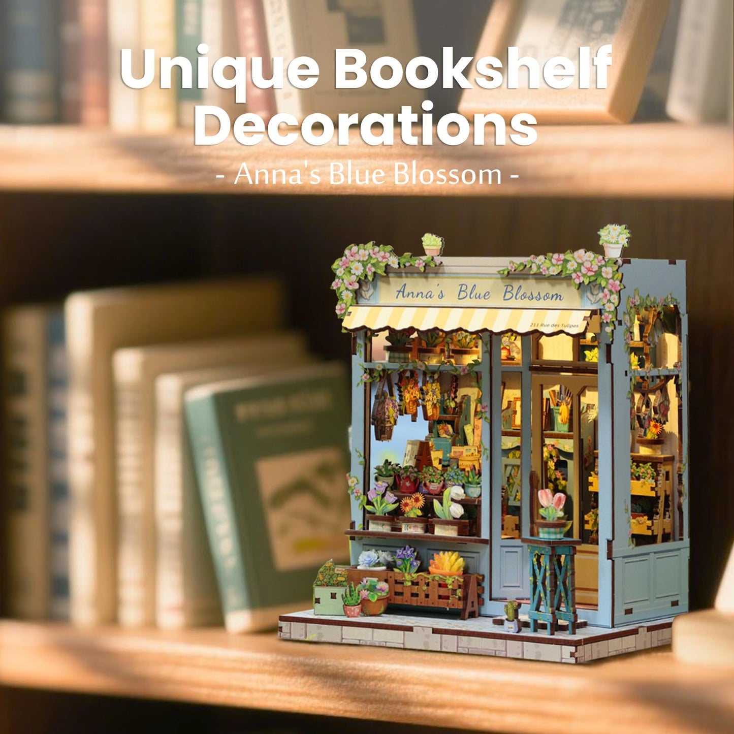 Fsolis Book Nook Kit - DIY Scene Miniature Dollhouse Kit for mature-themeds  Bookshelf 3D Puzzles 255PCS  Tiny House Mini Flower Shop Model Booknook Craft  Gifts for Women Puzzle Lovers (Anna 's Blue Blossom)