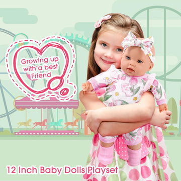 Uzidbto 12'' Girl Baby Dolls With Doll Clothes And Accessories,First Baby Doll Playset Includes Feeding Bottle,Pacifier Gift Ide