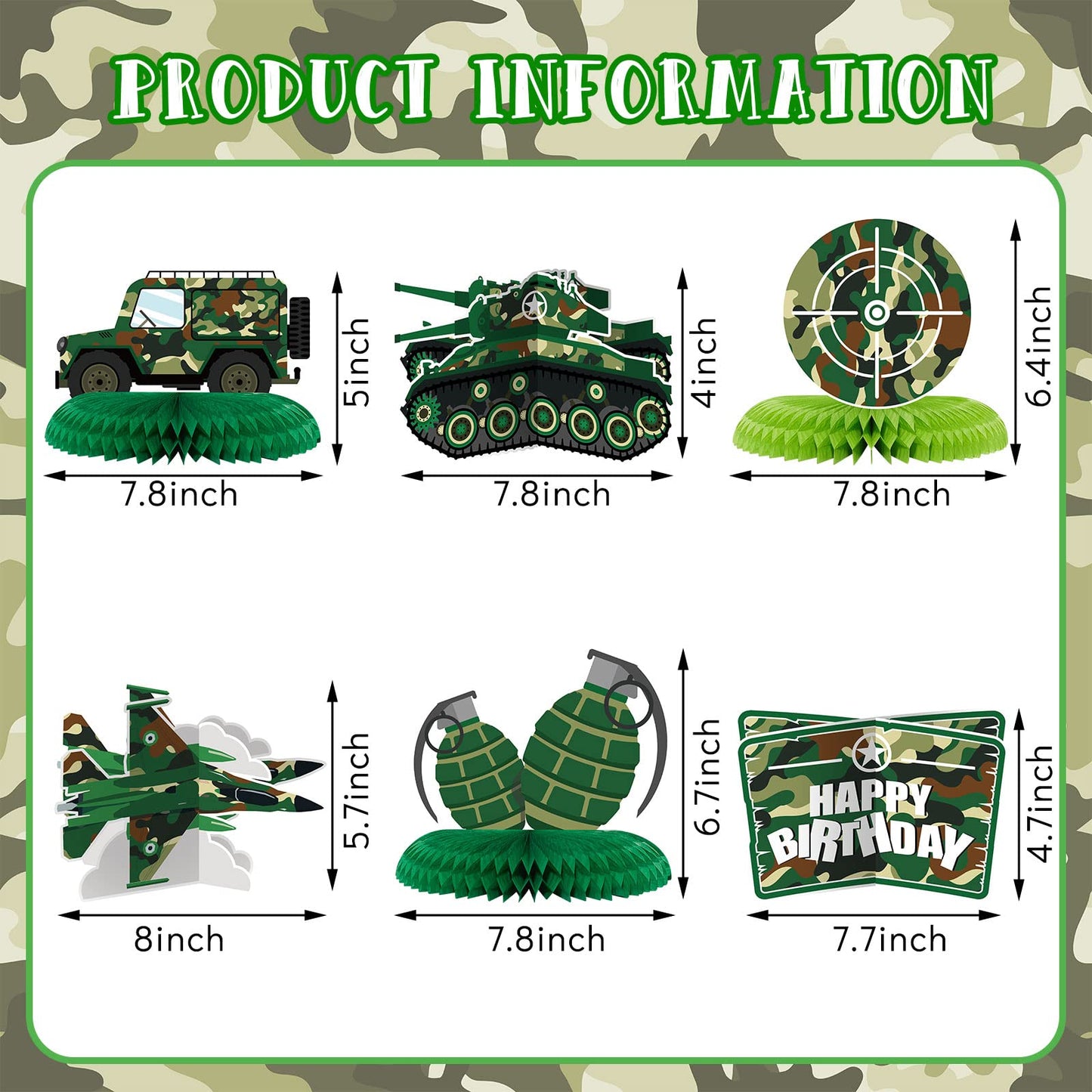 9 Pieces Army Party Decorations Camouflage Birthday Party Decorations Military Honeycomb Centerpieces for Tables Decorations for