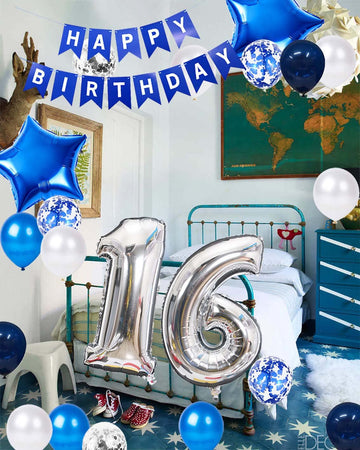 16Th Birthday Party Decoration For Boys, Happy Birthday Banner Blue Number 16 Birthday Balloons 16Th Birthday Latex Confetti Bal