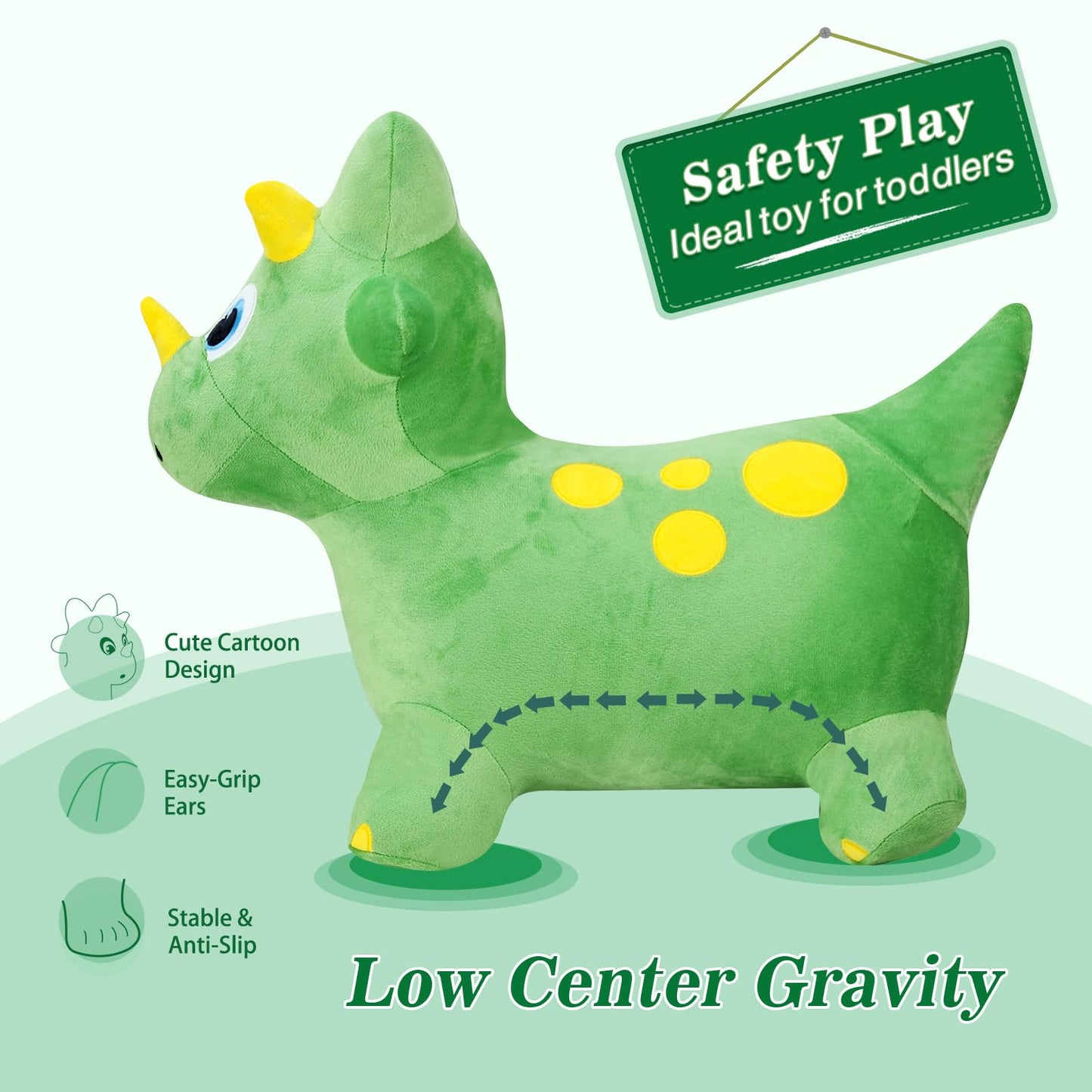 INPANY Bouncy Dinosaur Hopper Toy, Green Plush Triceratops, Medium Size, Inflatable Ride-On for 2-4 Year Old Kids, Indoor/Outdoor Fun