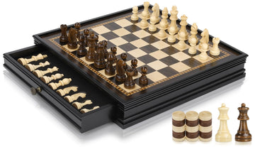Peradix Magnetic Chess Checkers Board Sets With 2 Built-In Storage Drawers,12.8'' Classic 2 In 1 Wooden Games With 2 Extra Queen