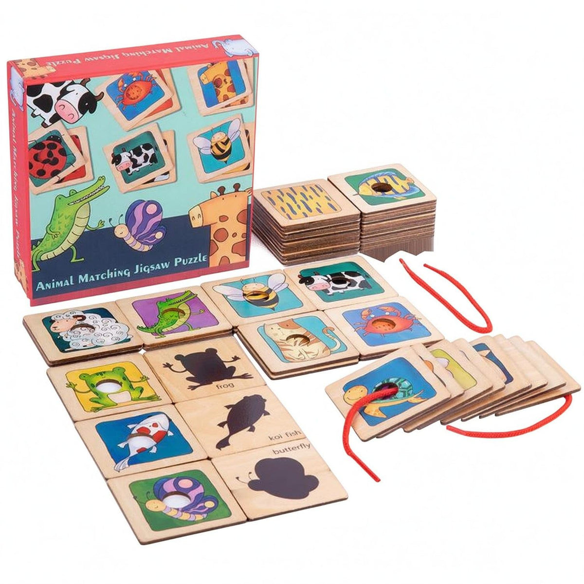 UJEAVETTE Linden Plywood Threading Puzzle Flat Tiles Animal Shadow Puzzle Fine Motor Skills Wooden Animal Sorting Board, Shadow 