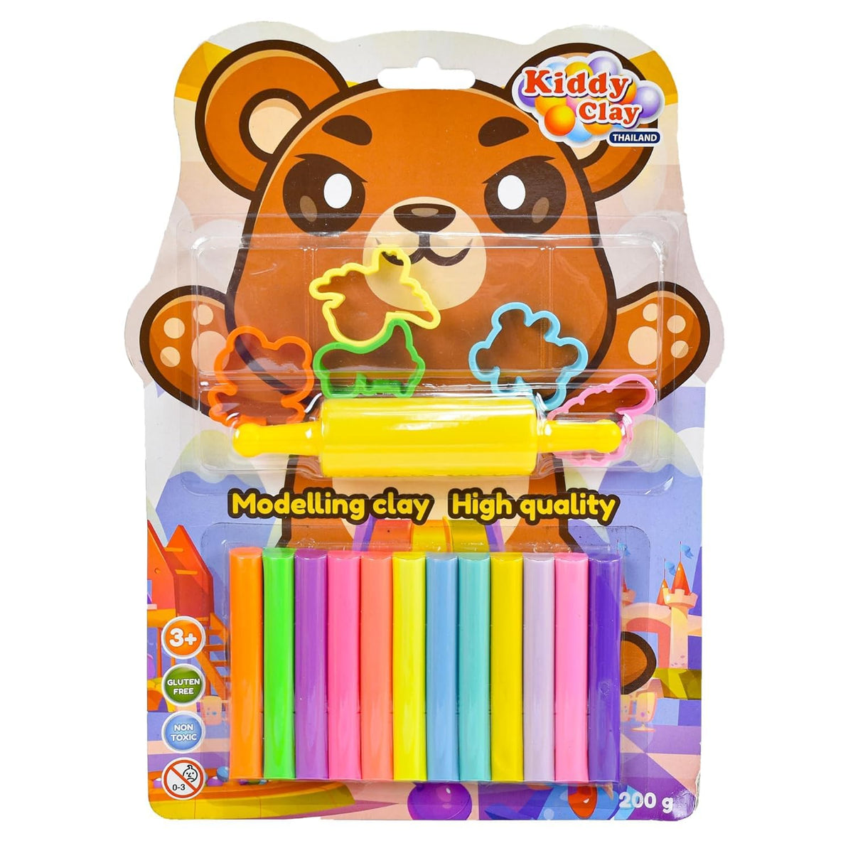 Kiddy Clay 12 Modelling & Sculpting Clay (200 G.) & 5 Cutters And Roller In Blister Card, Creative Art Skill, Colourful Reusable
