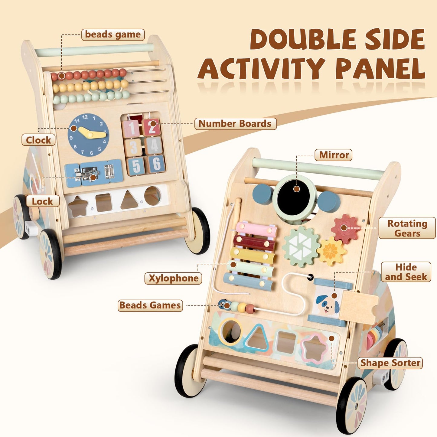 Bautia Wooden Baby Walker, Detachable Double-Sided Busy Board, Baby Walking Toys Push Walkers for Babies 6-12 Months