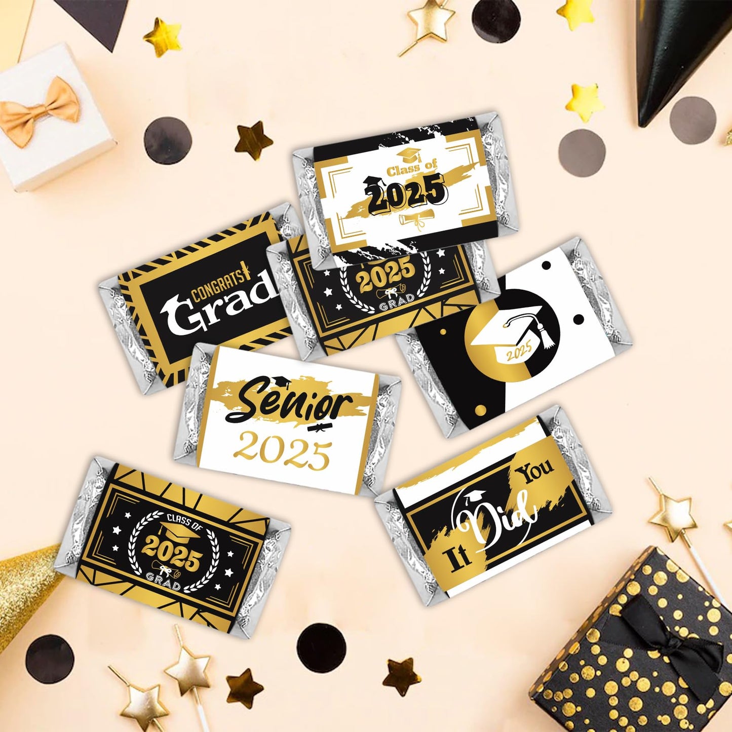 Black and Yellow Class of Senior 2025 Graduation Party Miniature Candy Bar Wrapper,Congrats Grad Stickers Graduation Candy Stick