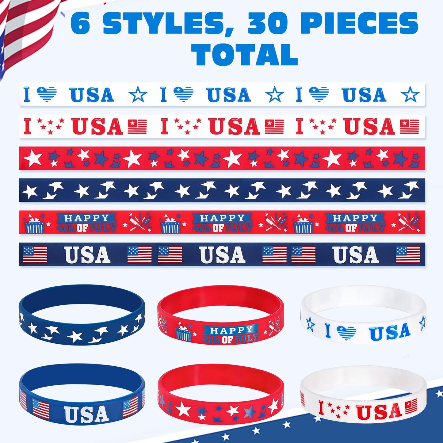 4Th Of July Party Favors Rubber Bracelets 30Pcs Usa American Flag Red White And Blue Silicone Wristbands For Kids Independence D