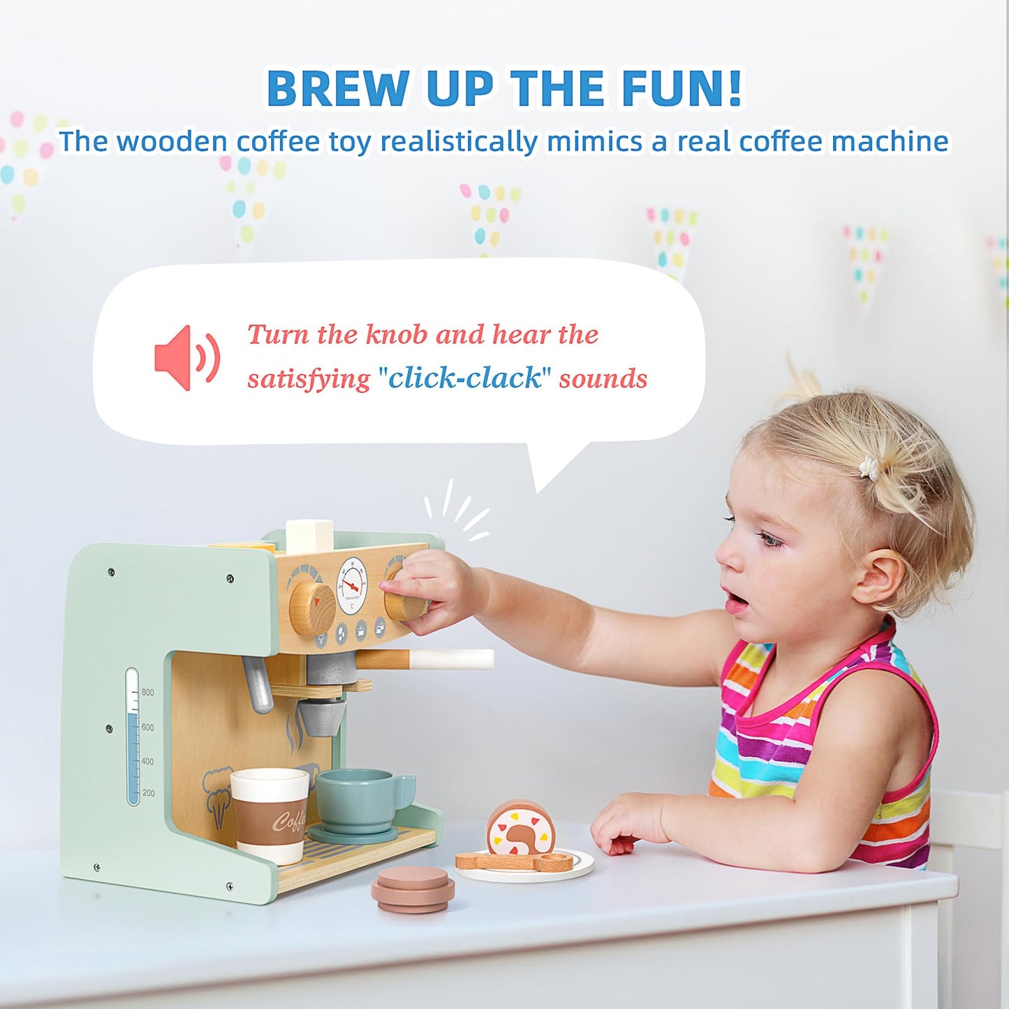 OOOK 2-in-1 Toy Coffee Maker, Kids Wooden Coffee Maker Playset, Toddler Pretend Play Kitchen Food Small Coffee Shop with 28 Pcs