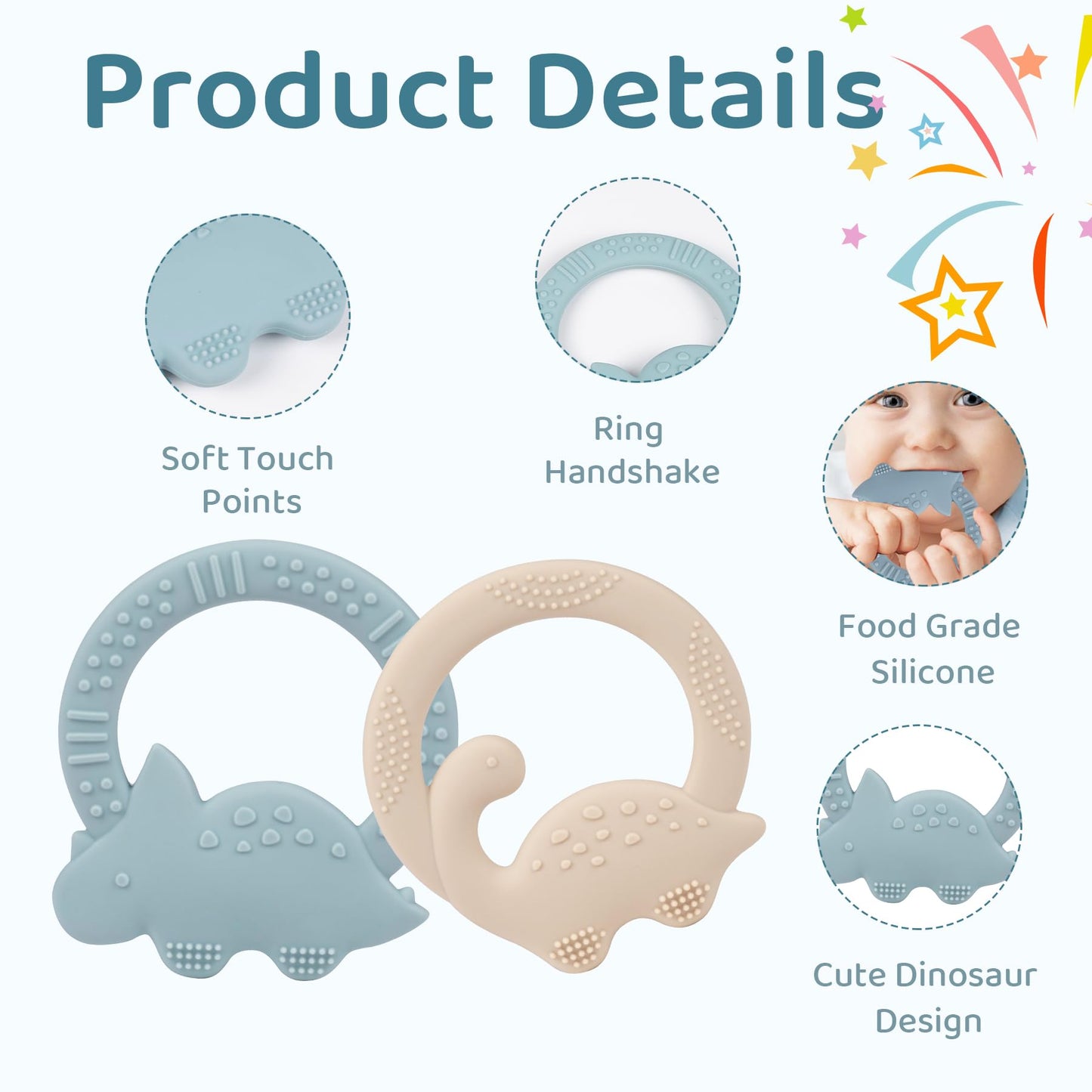 2 Packs Baby Teether Silicone Teething Toys for Babies 0-6 Months with Dinosaur Shape 6 to 12 Months 3-6 Months Infant Newborn for Teething Pacifiers Relief Chew Ideal Baby Shower Gifts for Moms A2