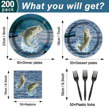 Zoiiwa 200 Pcs Gone Fishing Tableware Disposable Paper Plates Napkins Fishing Tournament Birthday Party Supplies Dinnerware Set Napkins Fishing Themed Party Decoration Serve 50 Guest