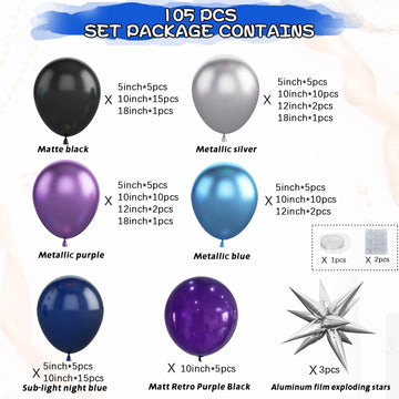Space Balloon Arch Kit, Space Birthday Decorations Blue Purple Silver Balloon Arch Garland Kit Metallic Chrome Balloons 4D Star
