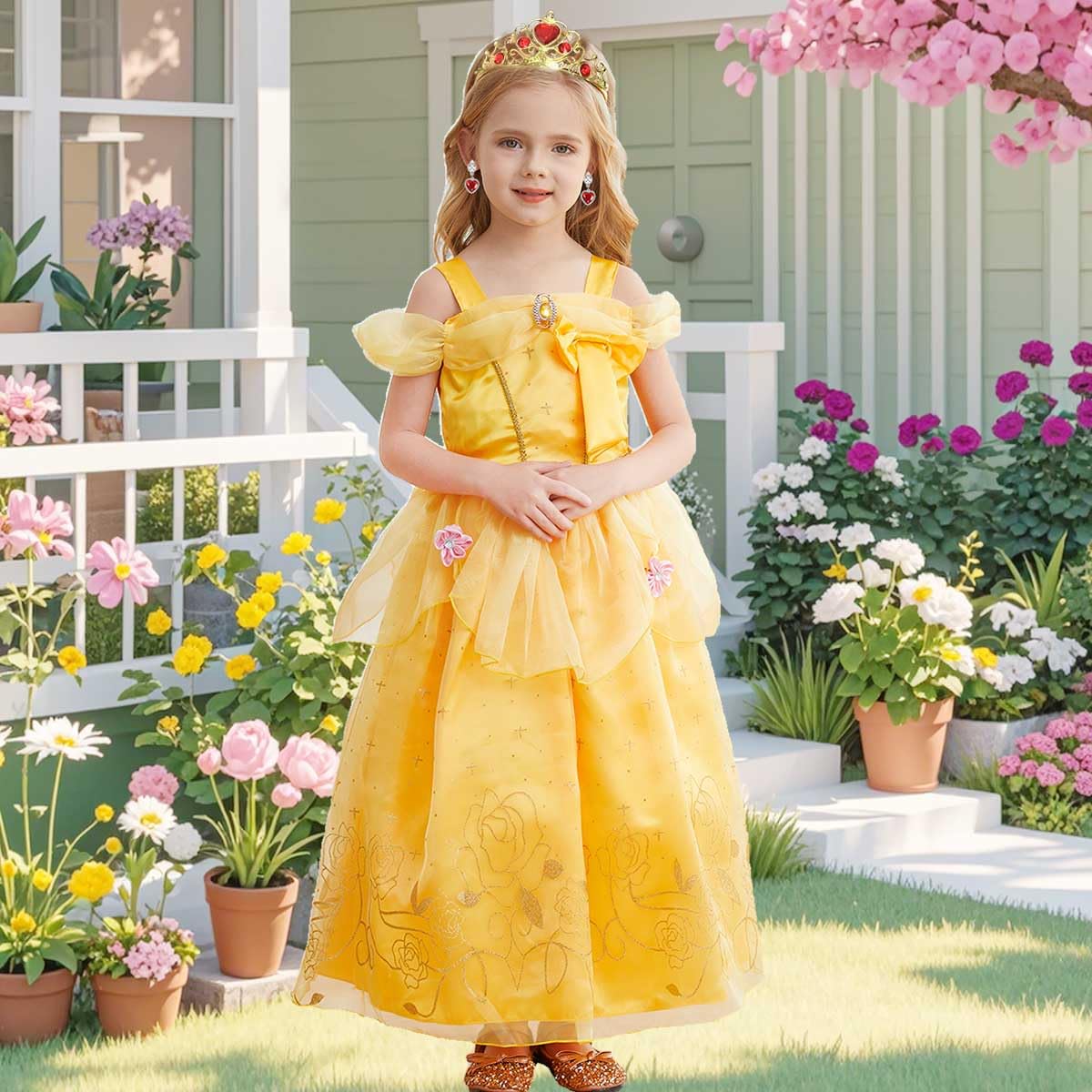Luzlen Princess Costume For Girls Kids Belle Dress Halloween Cosplay Party Outfit Toddler Princess Dress Up, 3-4 Years(Label 110