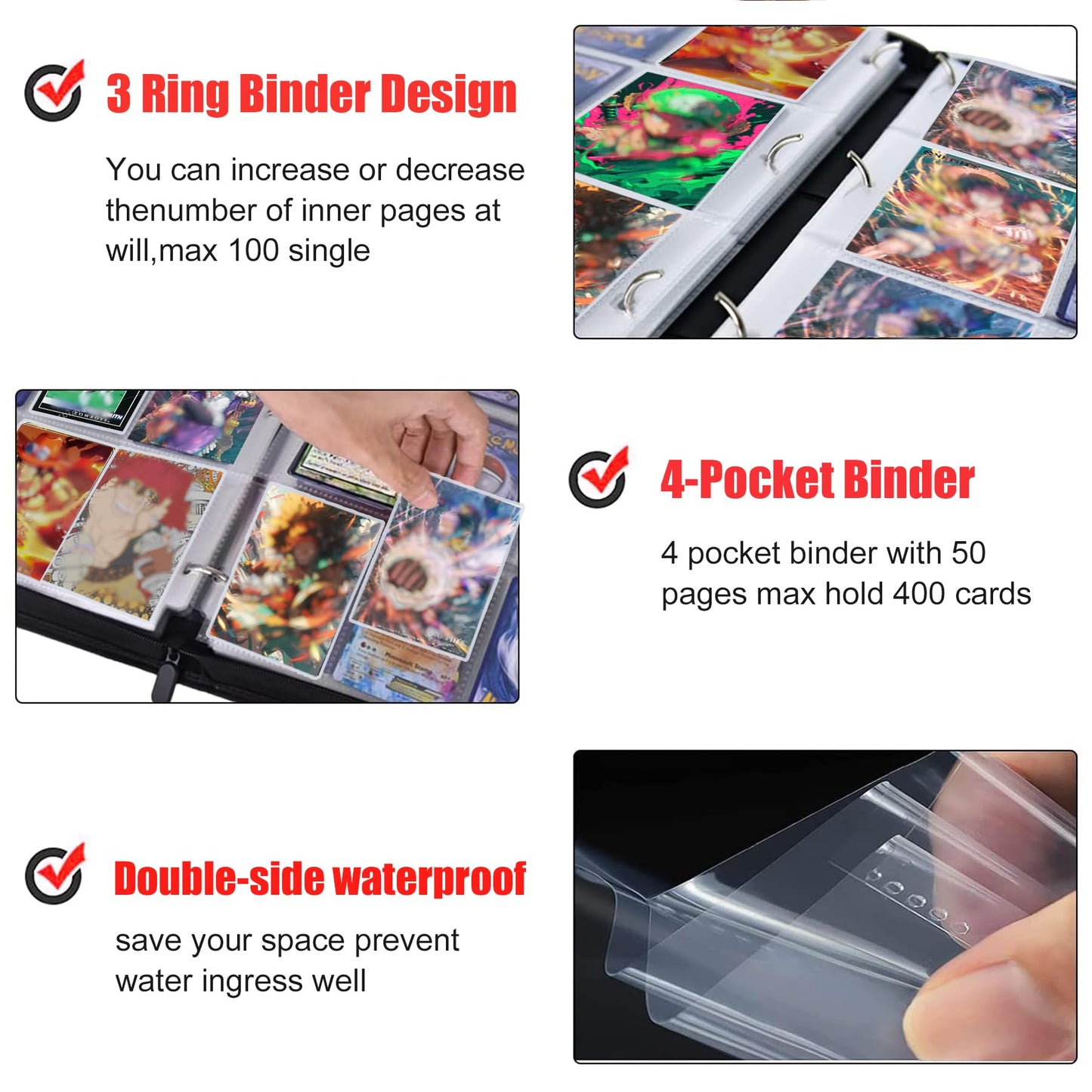 WEST TUNE 400 Pockets Anime Card Binder - Portable Waterproof Storage Book for One Piece Cards, Model WTV028, Removable Sleeves