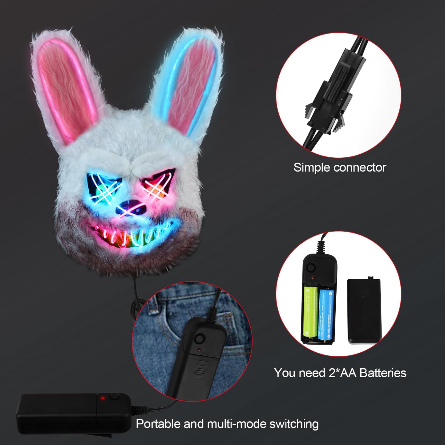 ZONESTA Purge Mask Light Up,LED Scary Furry Bunny Mask Bloody Plush Creepy Cosplay Halloween Costumes