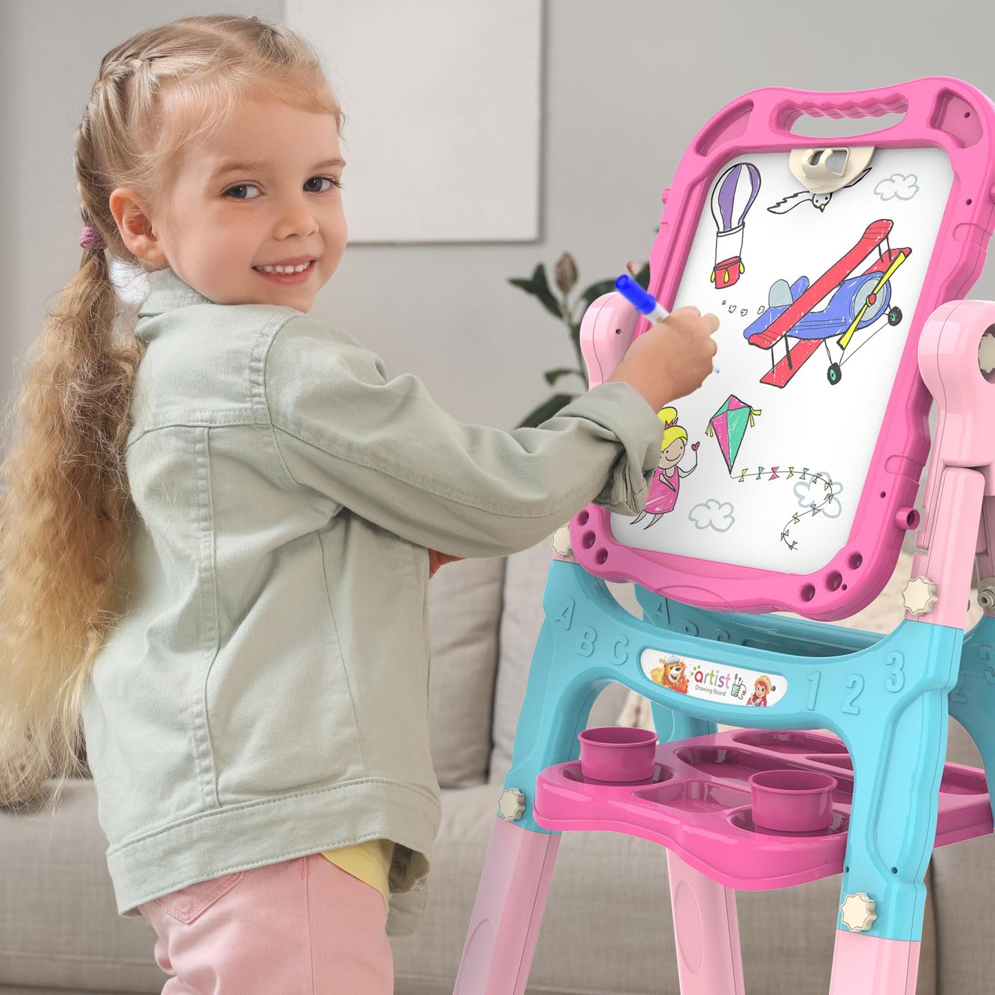Amagoing Easel for Kids, Adjustable Standing Art Easel for Toddler, Double Chalk Drawing Board with Painting Accessories, Birthd