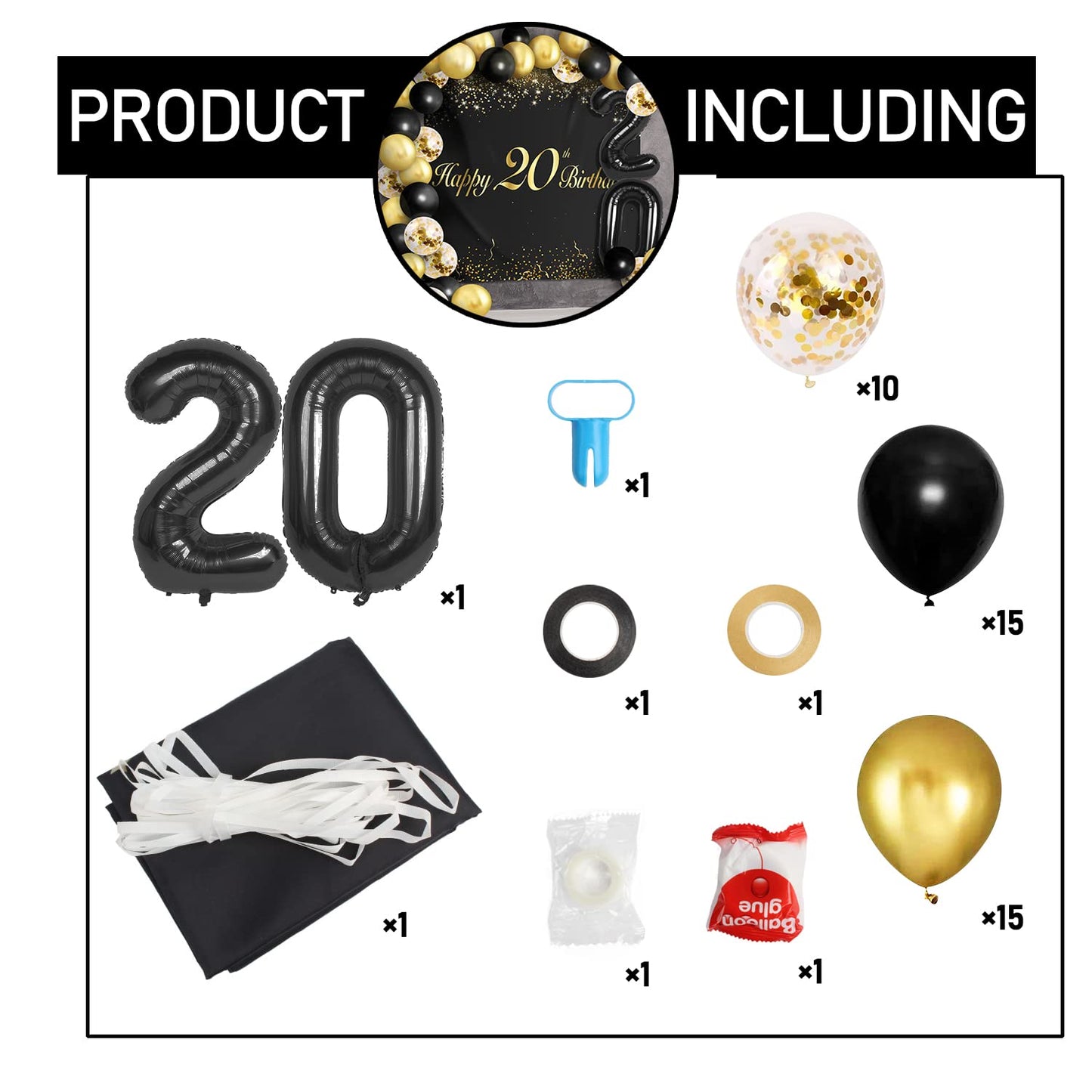 Happy 20Th Birthday Balloons Black Set Decor - Cheers To 20 Years Old Party Theme Garland Banner Backdrop Decorations For Women