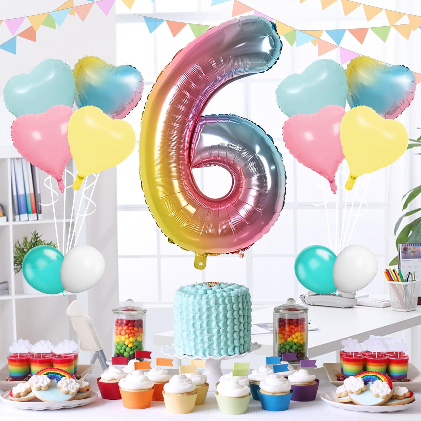 Biapian 40 Inch Rainbow Number 6 Balloons, 7Pcs Gradient Large 6Th Birthday Balloons With 18'' Foil Heart Balloon Helium For 6Th