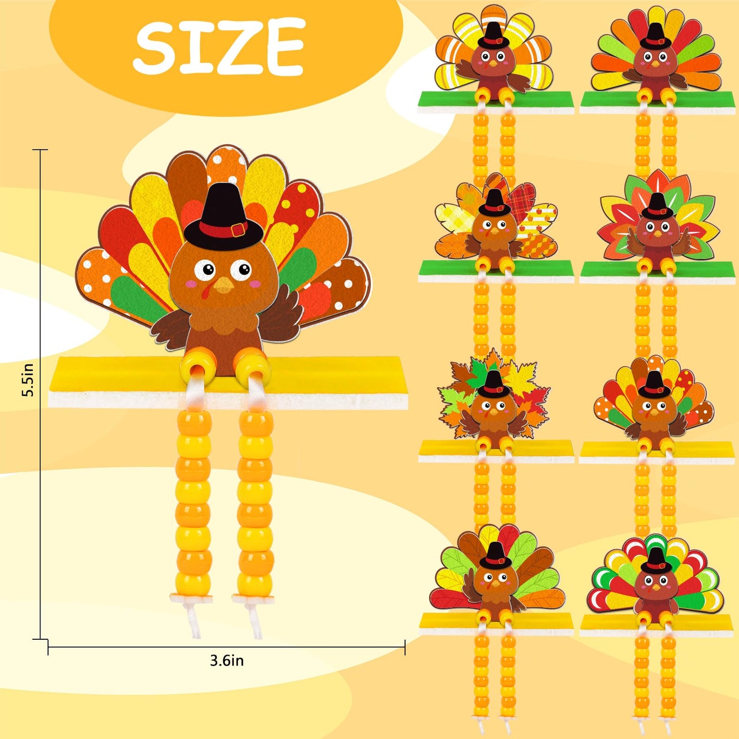 Moon Boat 28 Sets Thanksgiving Crafts for Kids - DIY Fall Felt Turkey with Beads Kit, Bulk for Autumn, Holiday, Halloween Art Ac