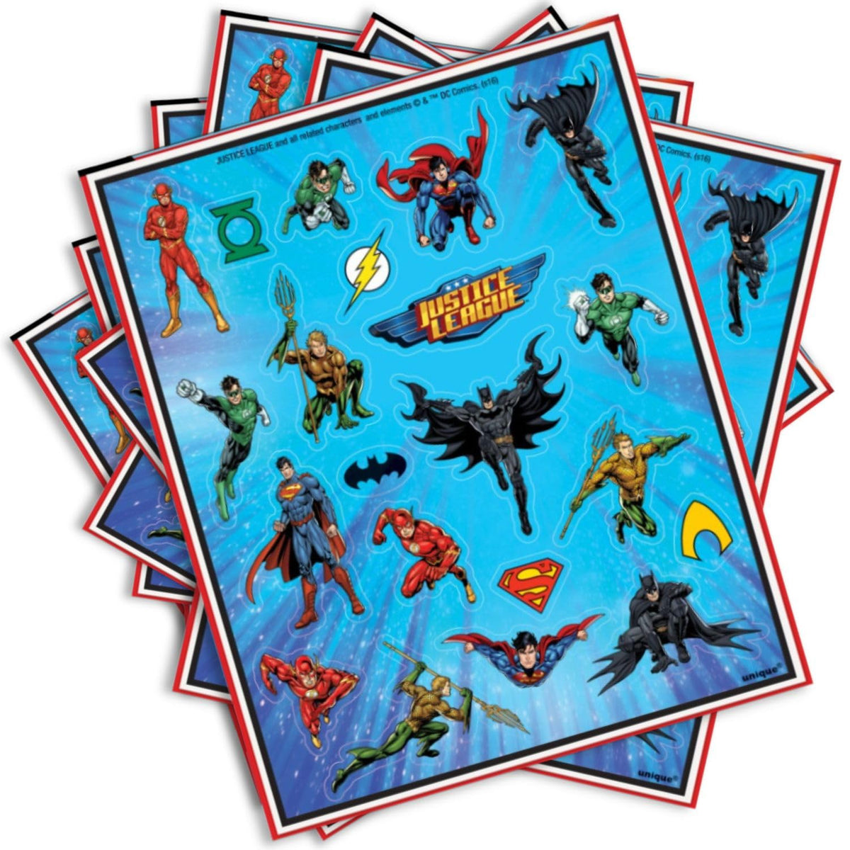 Justice League Sticker Sheets  Assorted Designs, 4 Pcs