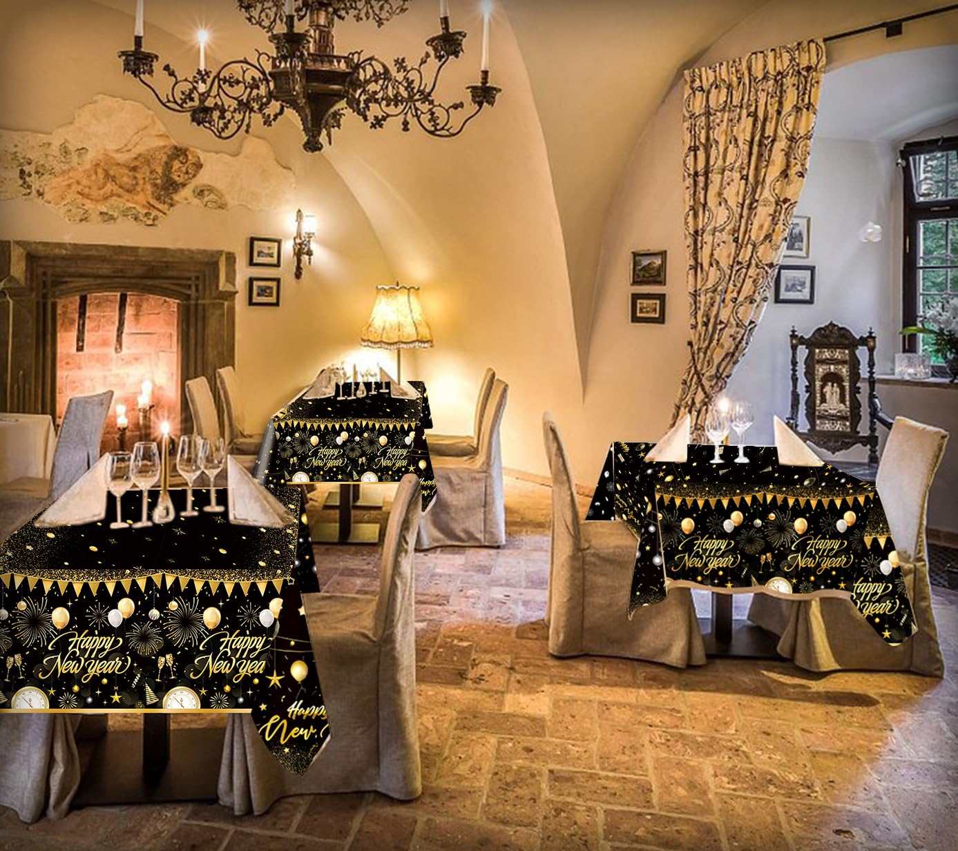1PC Happy New Year Tablecloth, Disposable Black Gold NYE Party Tablecloth Decorations, Rectangular Plastic Happy New Year Table