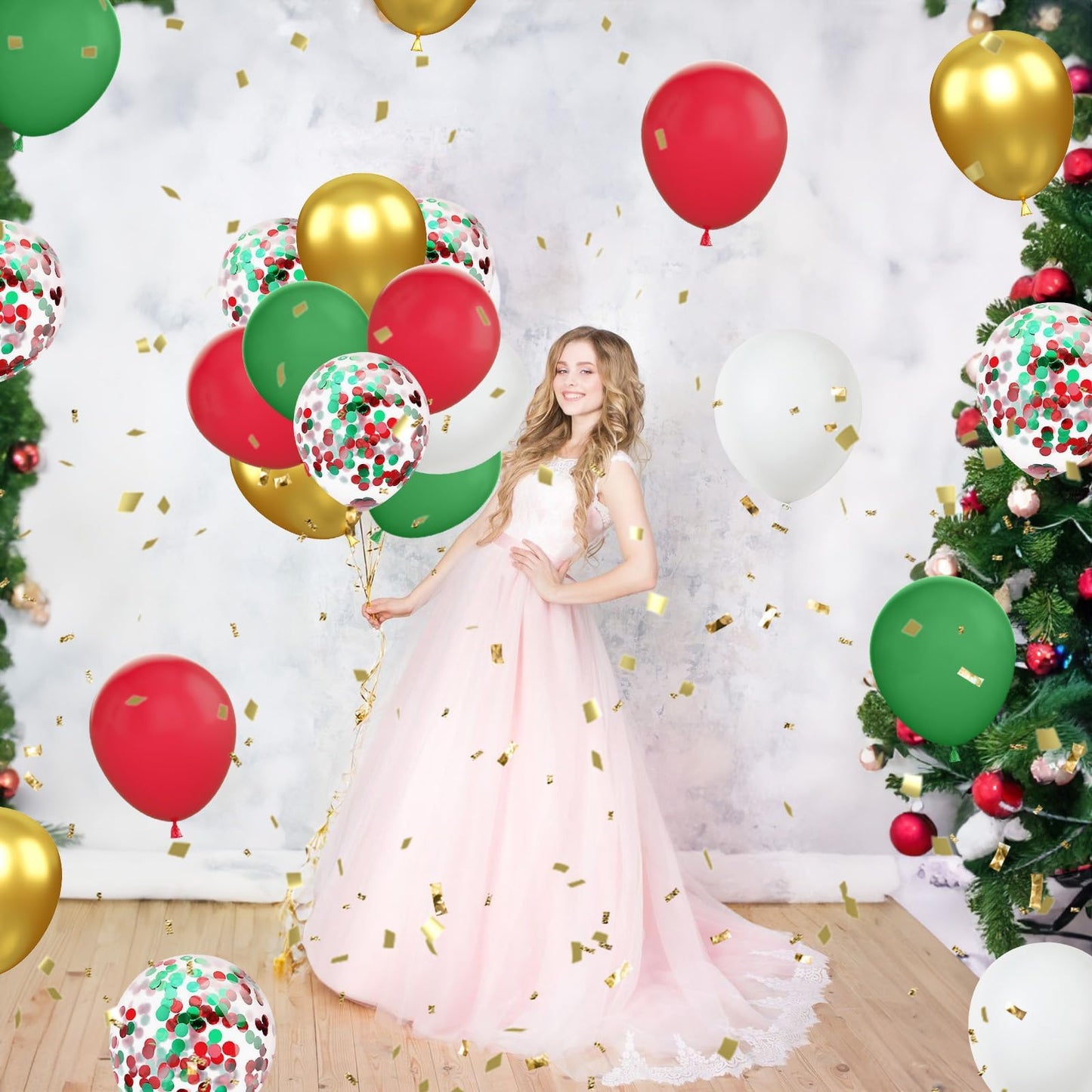 Funhot Christmas Balloons, 60 Pcs Red Green Gold Balloons, 12 Inch Red Green Confetti Balloons Metallic Gold Helium Balloons Whi