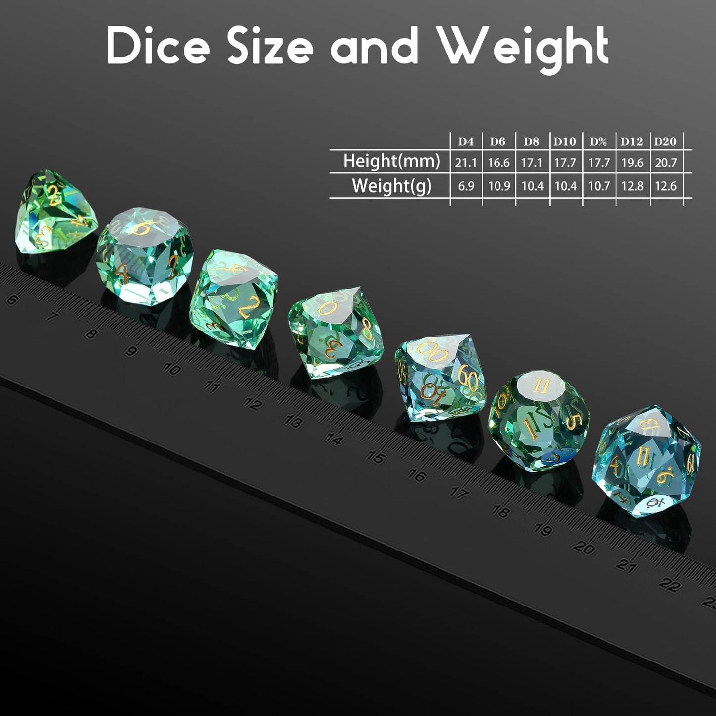 DNDND 7-Piece Glass Dice - Multifaceted Colorful DND Dice, Tabletop Gaming, Collectors | Premium Gift Box & Durable Design (Gree