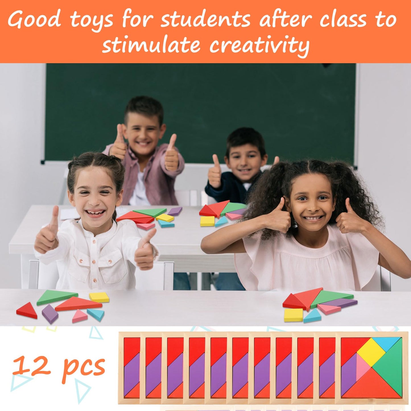 Meooeck Wooden Tangrams Puzzle, 12 Pieces - Portable, Educational Gifts For Kids Ages 4-8, Brain Logic Blocks For Manipulatives