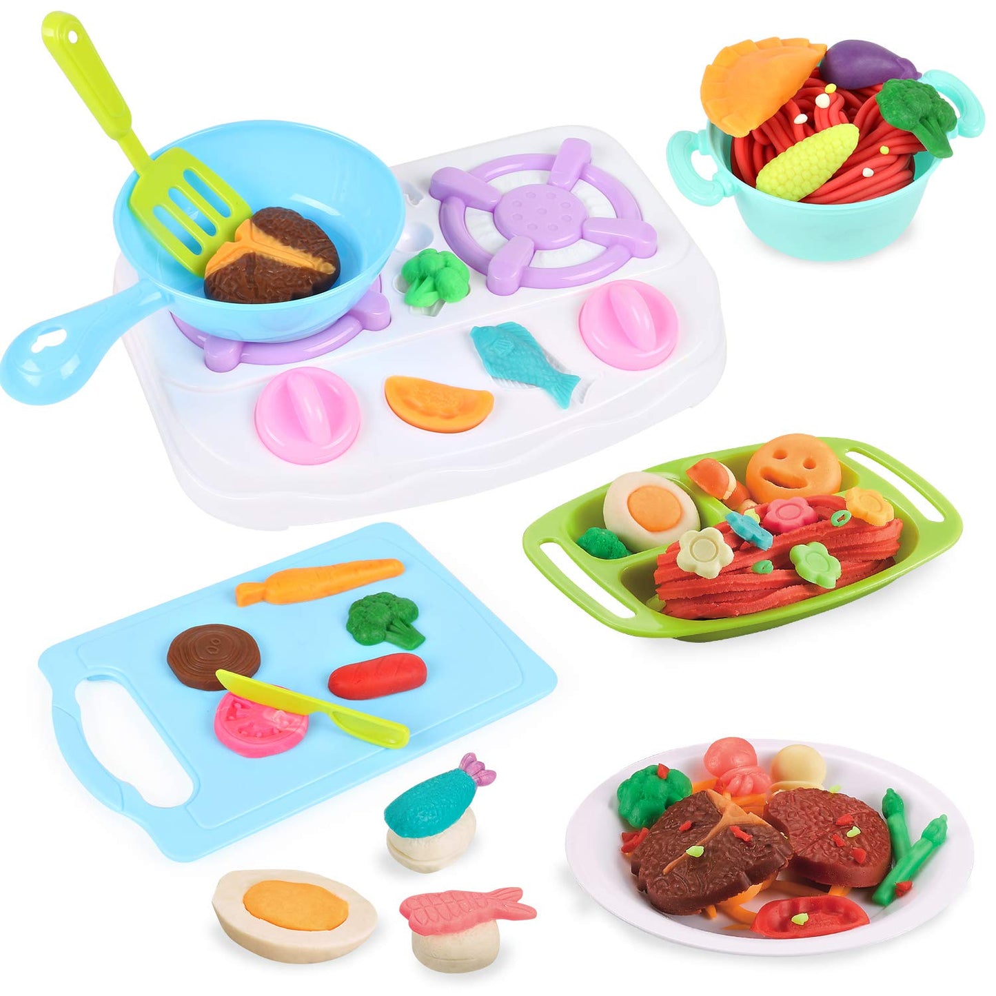 YiQis Kids Play Food Kitchen Set, 40 Pieces Cooking Utensils, Molds and Accessories, 5 Cans Color Dough,Ages 3+, Multicolor
