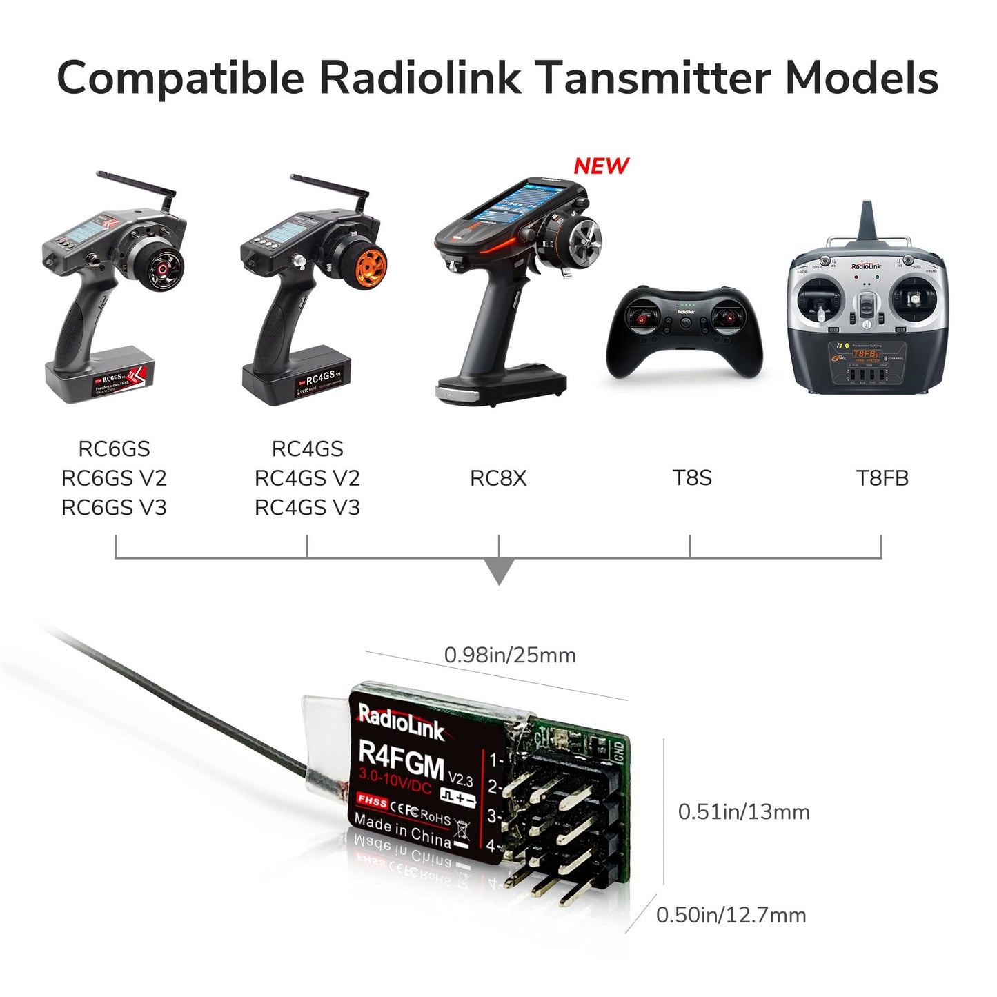 Radiolink R4FGM V2.2 3.4Ghz 4 Channels RC Gyro Receiver for Mini RC Cars 400m Long Range Control for RC Remote Controller RC8X/R