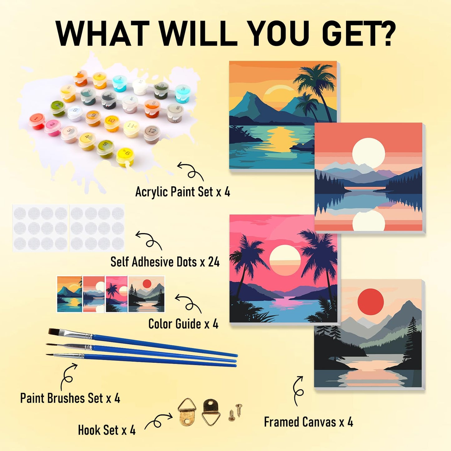 HEIBAGO Framed Paint by Numbers kit for Kids, 4 Pack Beach Paint by Numbers for Kids Ages 8-12, Sunset Paint by Numbers Kits Chi