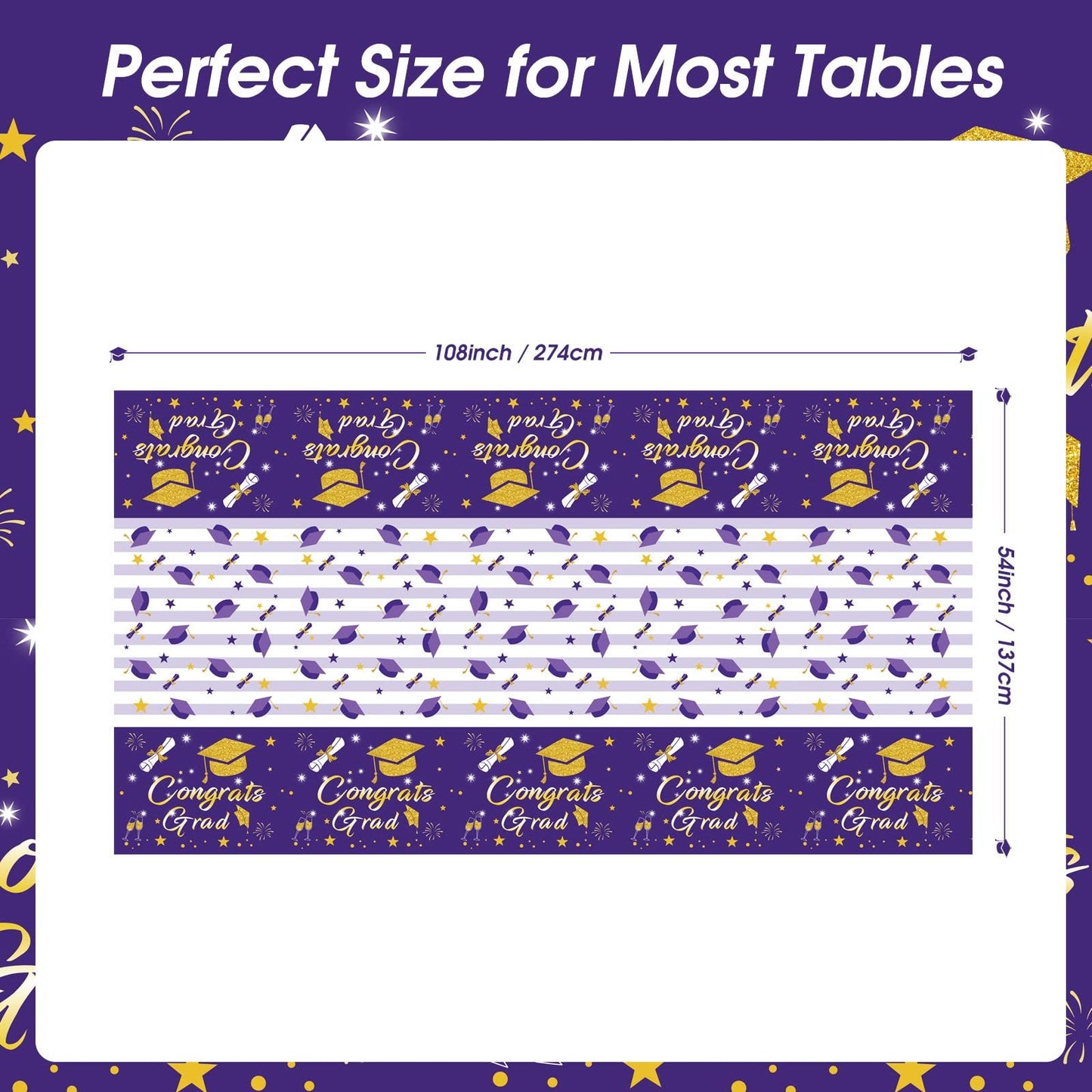 Graduation Tablecloth Party Decorations 2024, 3 Pack Purple Large Size 54''X108'' Congrats Grad Disposable Rectangle Table Cover