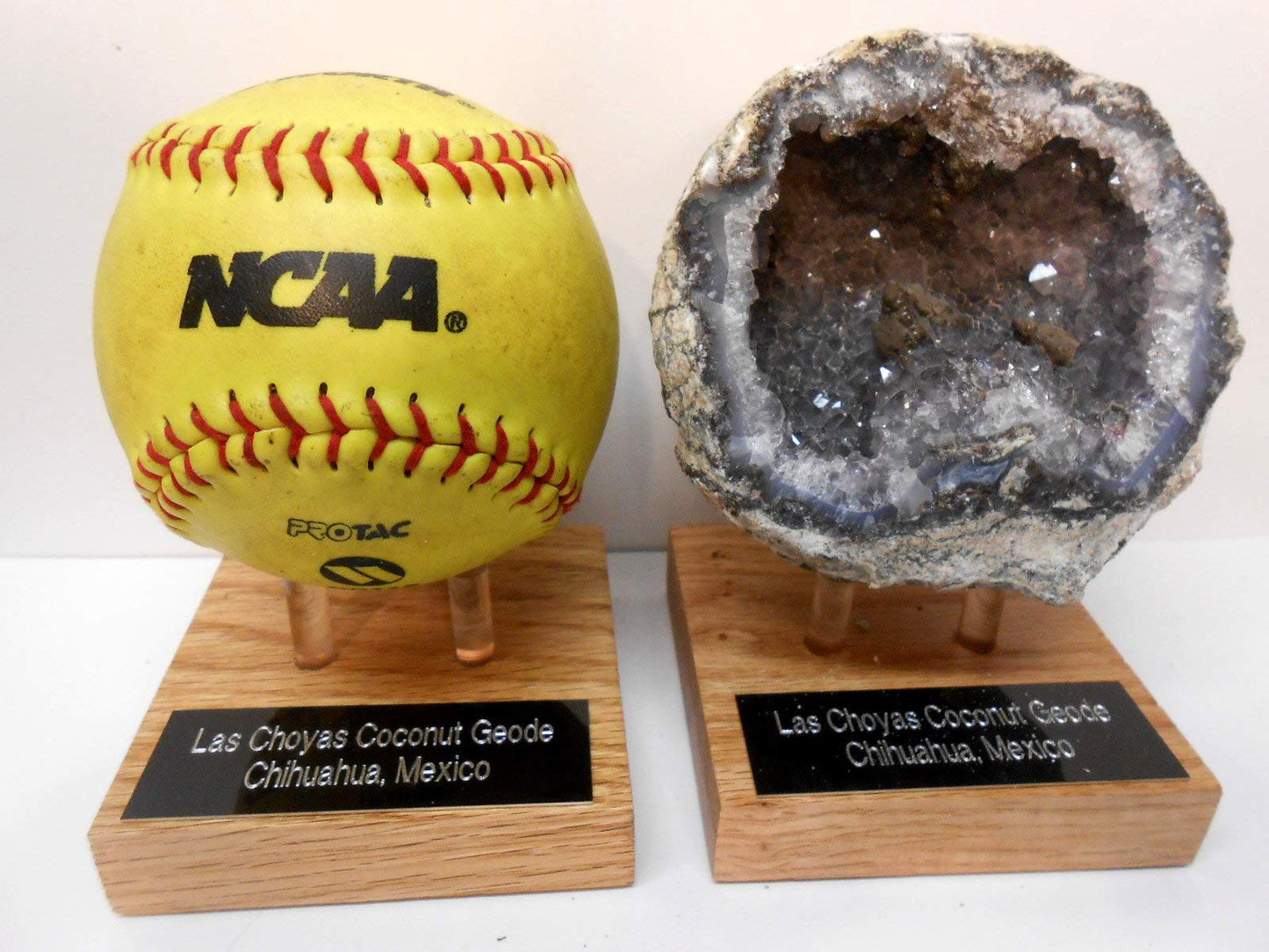 Genuine Huge Softball Sized Crystal Filled Los Choyas Geode Half on Free Custom Oak Stand