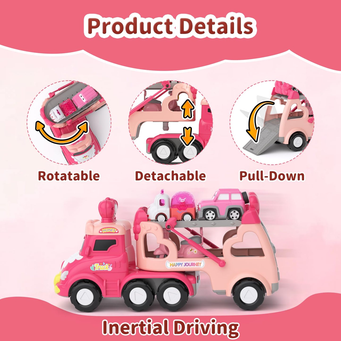 usrela Toddler Girl Truck Toys - 7-in-1 Pink Princess Car Transport Carrier, Friction Power, 13.07"x4.37"x6.46", Ideal for 2-