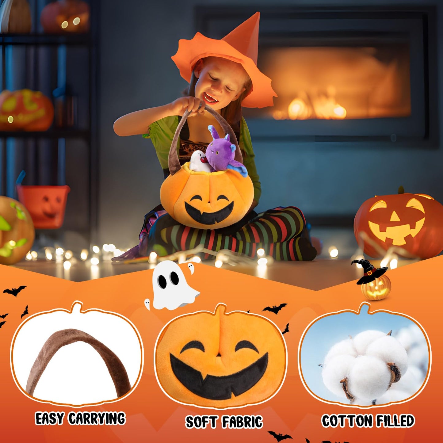 Emoin Baby'S First Halloween Pumpkin Toys Playset - 5Pcs Plush Stuffed Basket With Spider, Ghost, Candy, Bat - Halloween Goodie