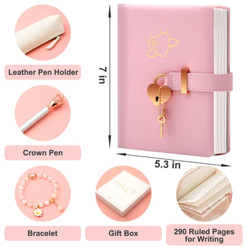 Diary With Lock For Girls - Birthday Gifts For Girls Ages 8 9 10 11 12 Year Old - Arts And Crafts For Kids - Journal Kit Includes: Pencil Case, Bracelet, Pen, Leather Journal For Teen Girls & Kids