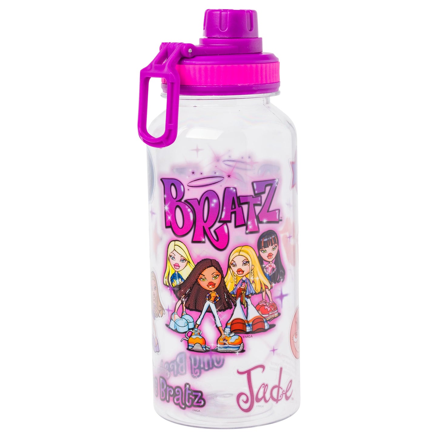 Silver Buffalo Bratz Airbrush Water Bottle, 32oz Plastic, Stickers, Model BTZ705L5, Featuring Yasmin, Sasha, Jade, Cloe